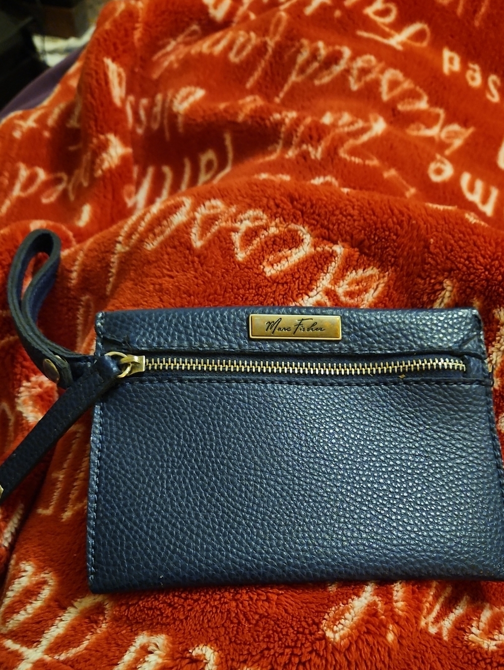 Marc Fisher Navy Pebbled Leather Wristlet with Gold Hardware